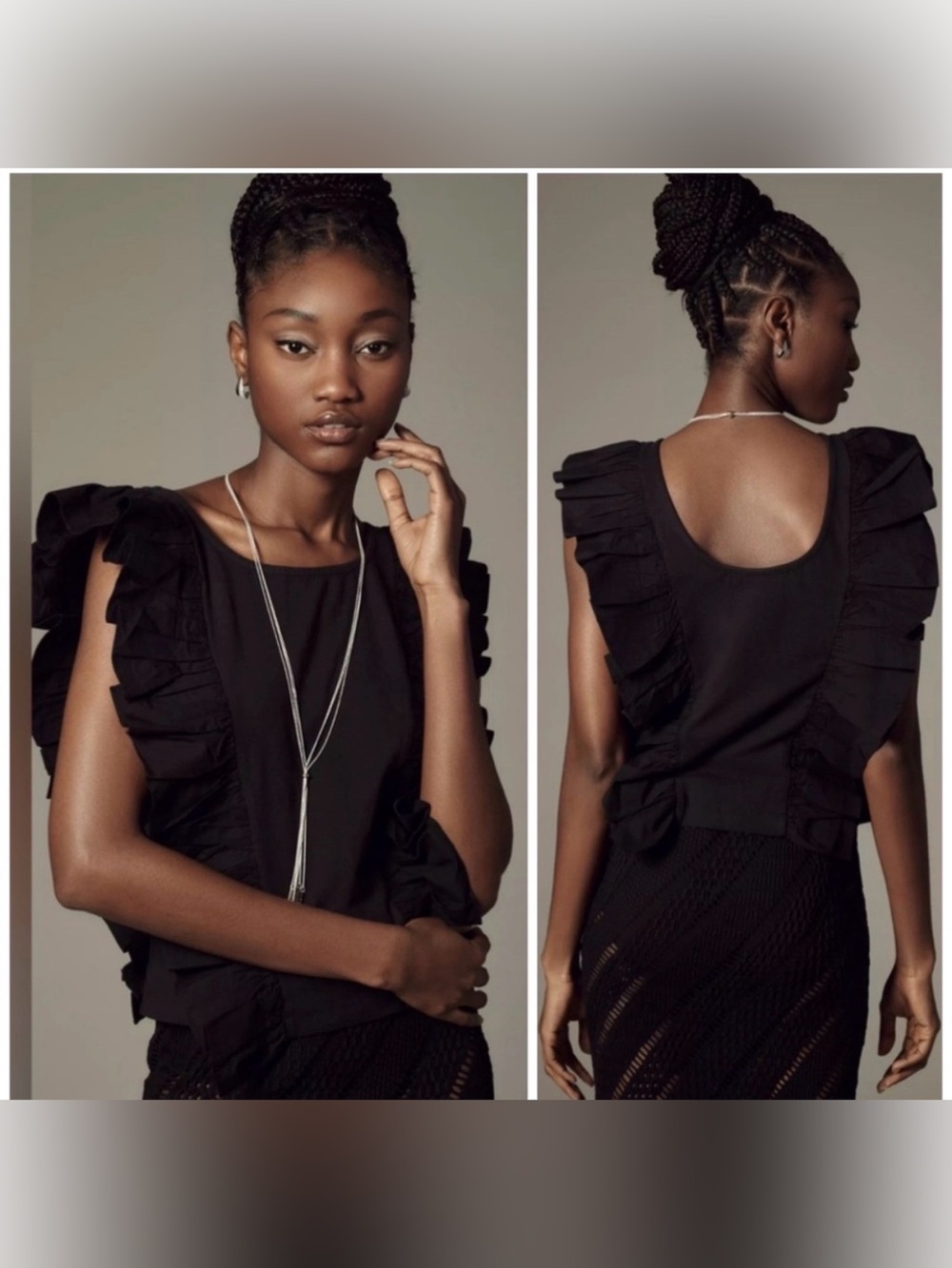 ANTHROPOLOGIE MAEVE BLACK SLEEVELESS RUFFLE BORDER LOW CUT BACK TOP MEDIUM NEW